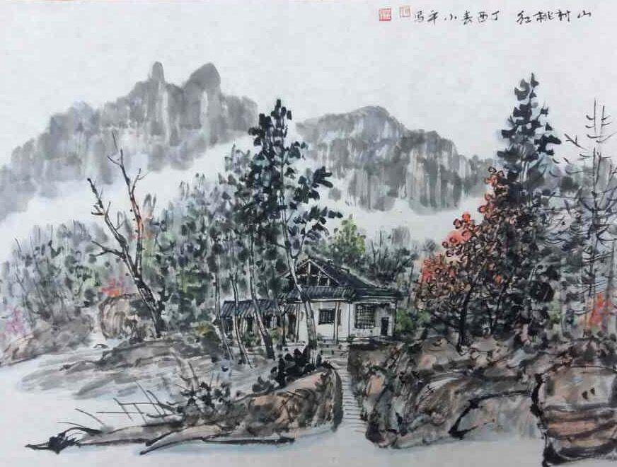 山村桃红 中国画 49x37 袁小平